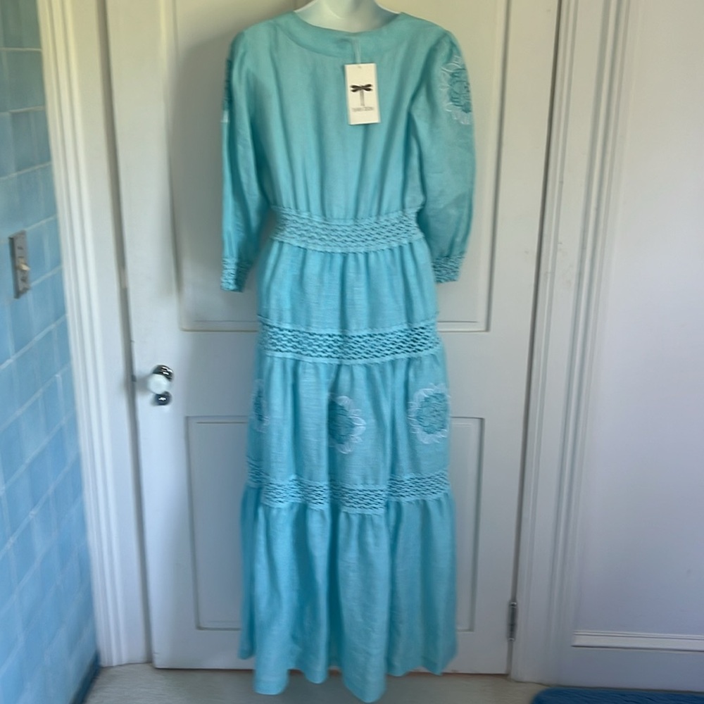 Tyler Boe Celia Linen Maxi Dress with lace & embroidery S Capri Blue - Picture 4 of 6